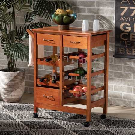 BAXTON STUDIO Crayton ModernOak Brown Finished Wood and Silver-Tone Metal Mobile Kitchen Storage Cart 196-12319-ZORO